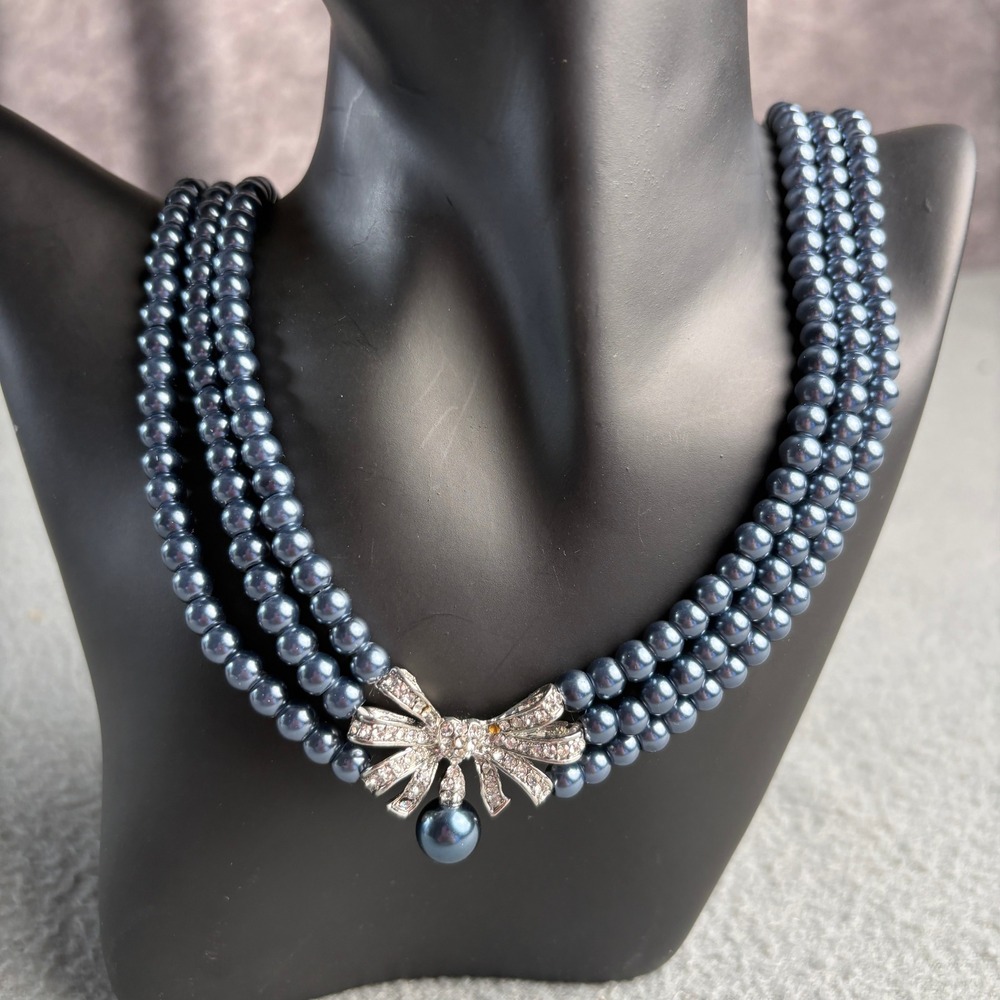 Navy Blue Triple Strand Faux Pearl Necklace Silver Tone Rhinestone Bow Pendant